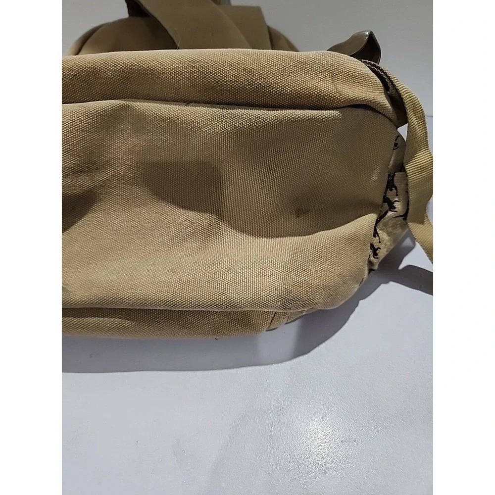 Tan Khaki Canvas Backpack Silhouette Print Multi Pocket Travel Bag